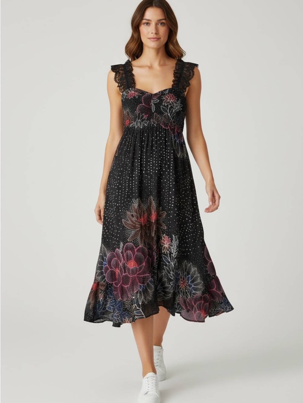 FARM Rio NWOT Black Floral Midi Dress with Pink, Red, Blue and Orange Accents